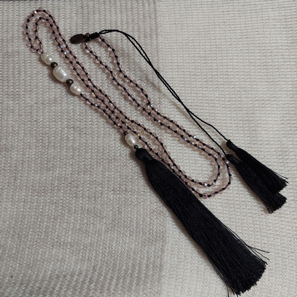 Zacasha Boho Faceted Clear-Pink Crystal & Fresh Water Pearls Tassel